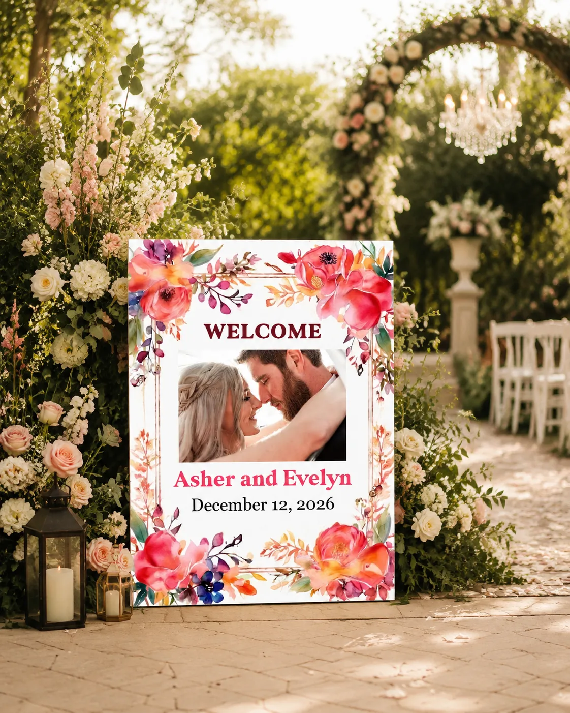 Personalized Photo Wedding Welcome Sign, Colorful Pink Orange Floral, Half Arch Foam Board Sign, Modern Vibrant Marriage Board