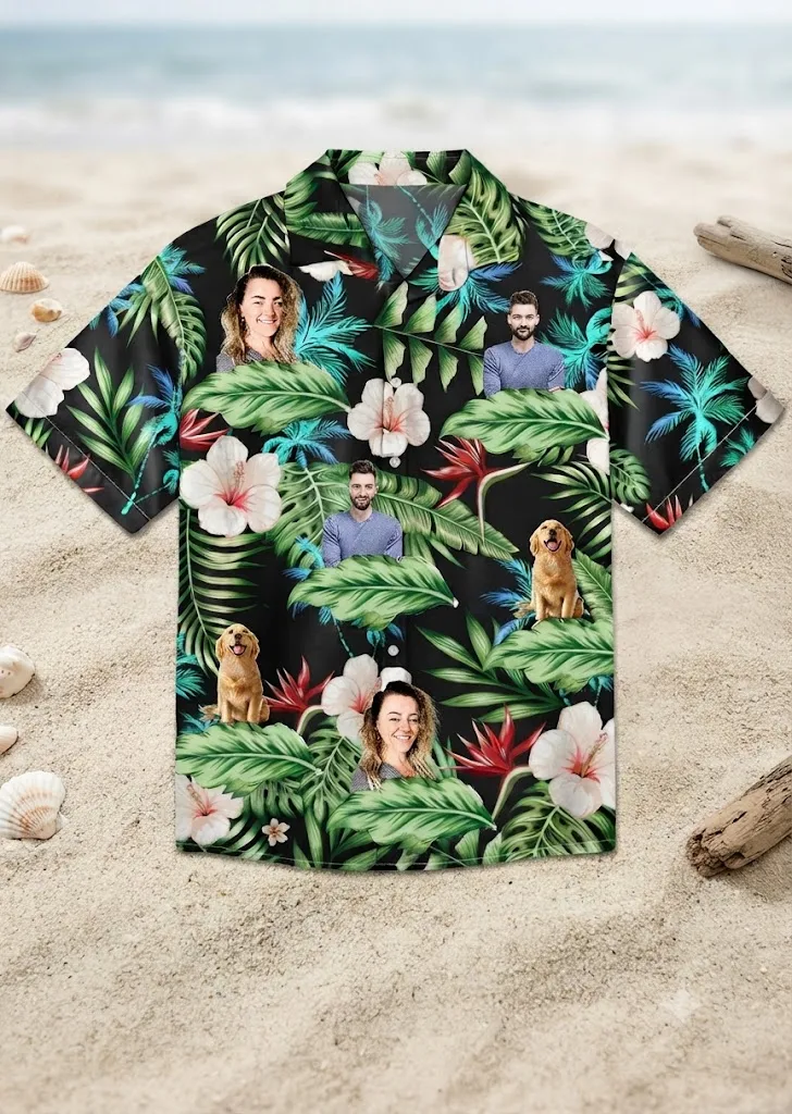 Custom Photo Hawaiian Shirt Personalized Human and Pet Faces Tropical Vacation Shirt