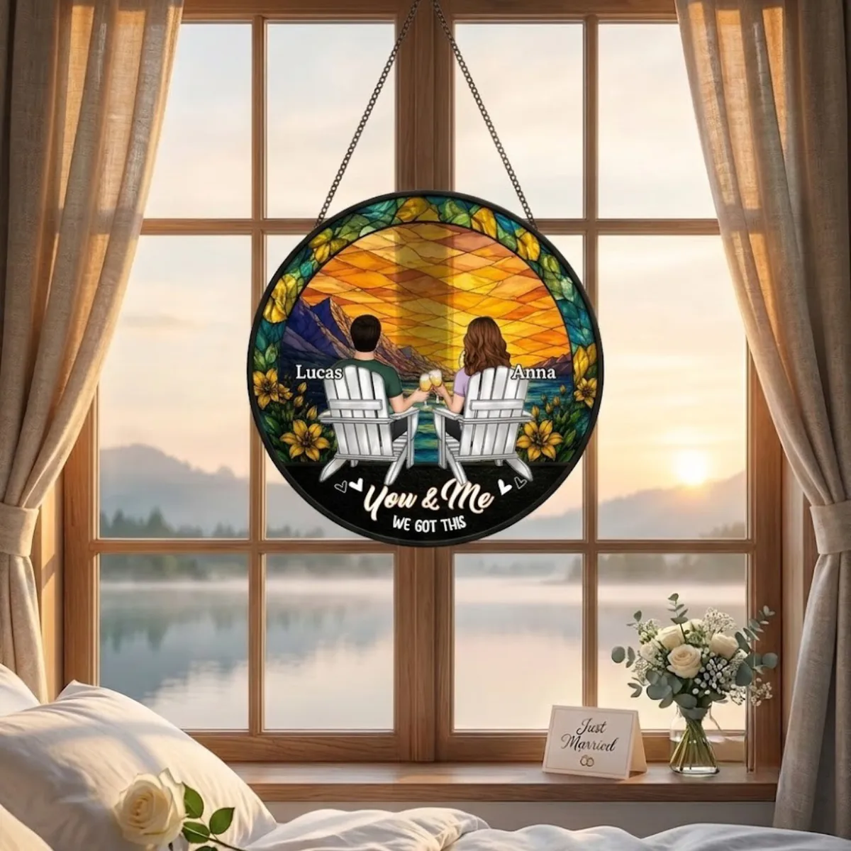 You And Me We Got This Couple - Personalized Stained Glass Window Hanging Suncatcher, First Kiss Wedding Couple Wood Acrylic Decor, Wedding Love Marriage Gift for Him Her