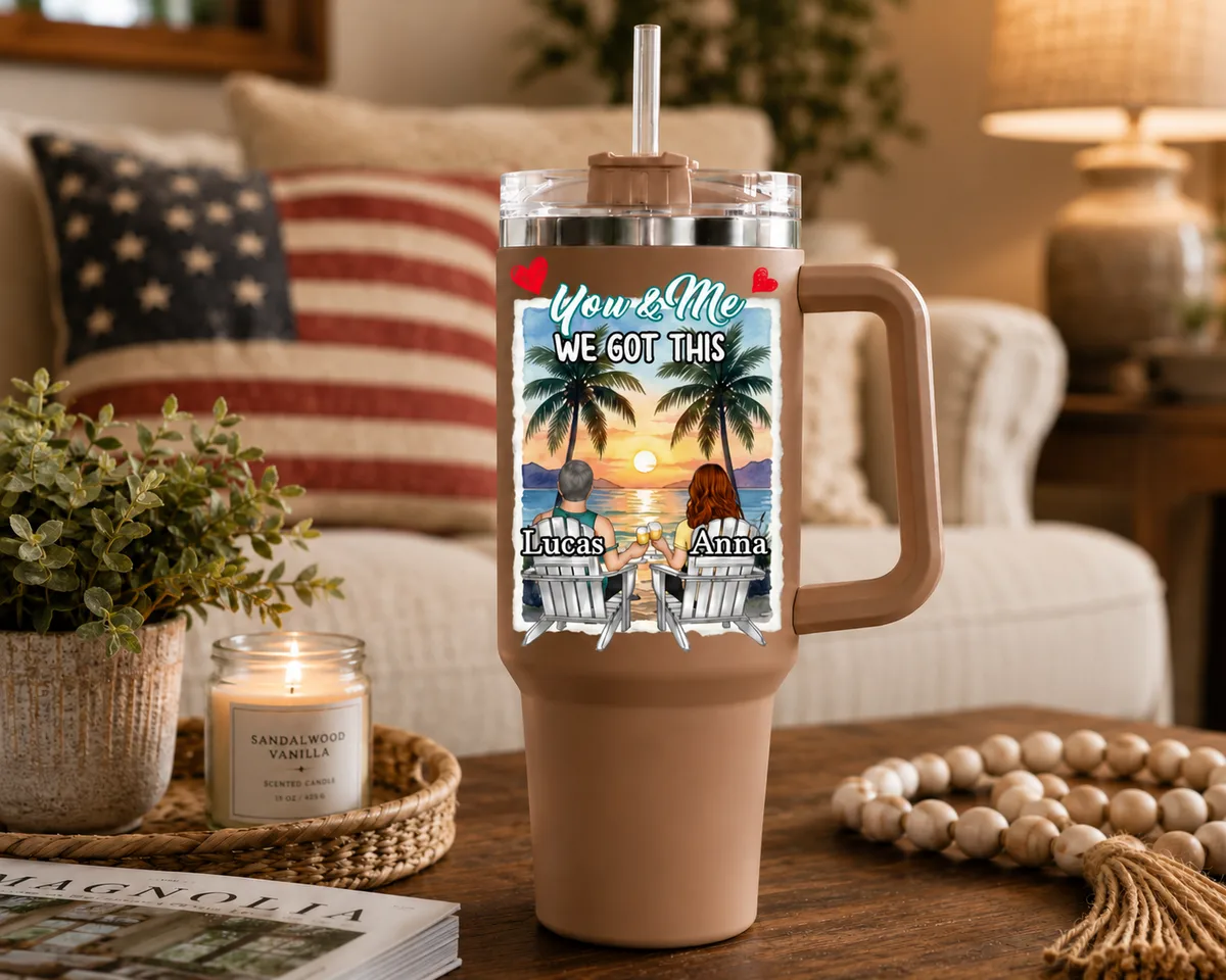 Personalized "You & Me, We Got This" Couple Tumbler - Custom Name Sunset Beach Stainless Steel Travel Cup, Romantic Wedding Anniversary & Valentine's Gift for Husband Wife