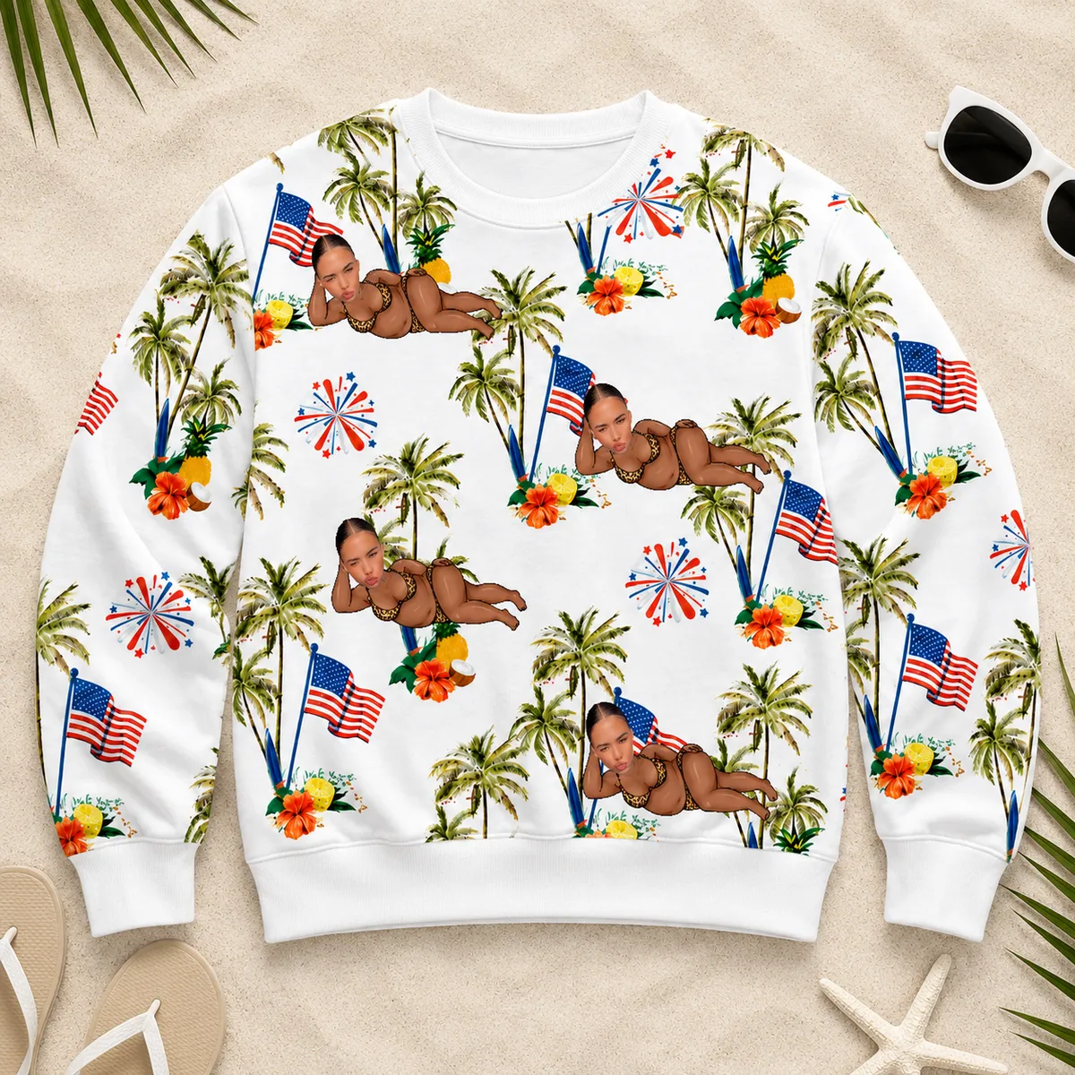 Custom Face Sweatshirt, Funny USA Flag Tropical Vacation Graphic Sweatshirt, Personalized Holiday Gift