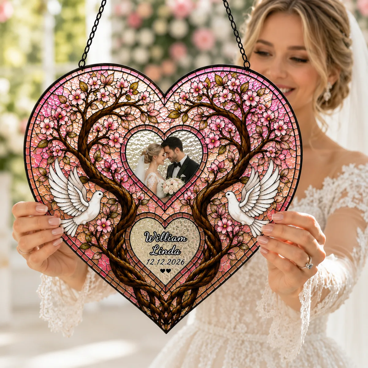 Personalized Wedding Gift Couple Photo Suncatcher, Custom Tree Heart Stained Glass Window Hanging, Bridal Shower Gift, Anniversary Keepsake