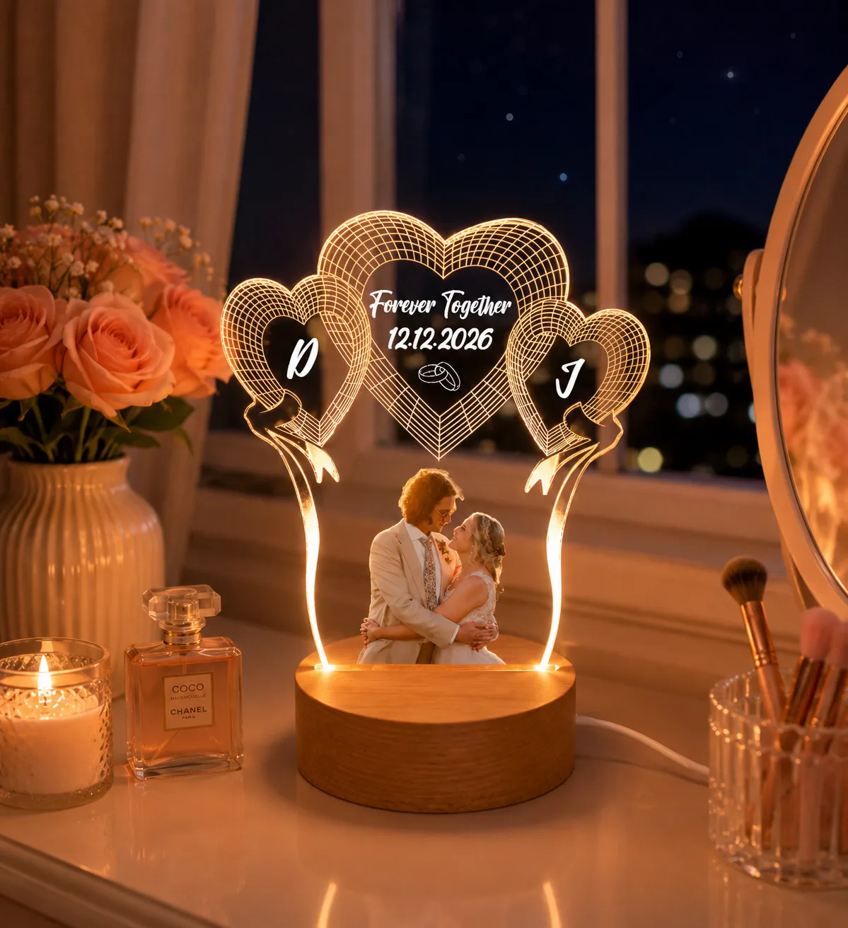 Personalized Wedding Couple 3D Photo Lamp - Custom Heart Balloon LED Night Light, Unique Anniversary & Wedding Gift for Bride and Groom, Romantic USB Desk Decor