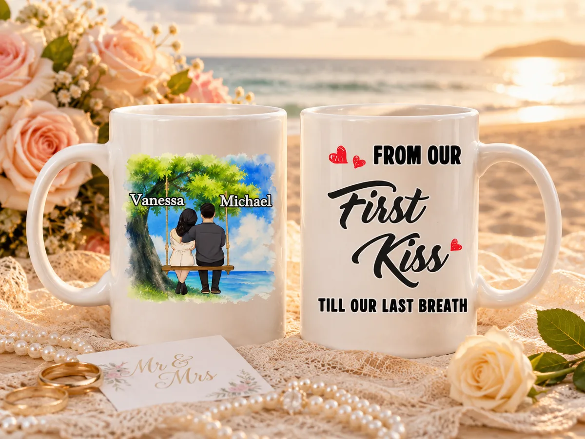 Personalized Wedding Couple Mug - Custom Names Tree Swing Design, "From Our First Kiss Till Our Last Breath" Ceramic Coffee Cup, Unique Anniversary & Wedding Gift for Bride and Groom