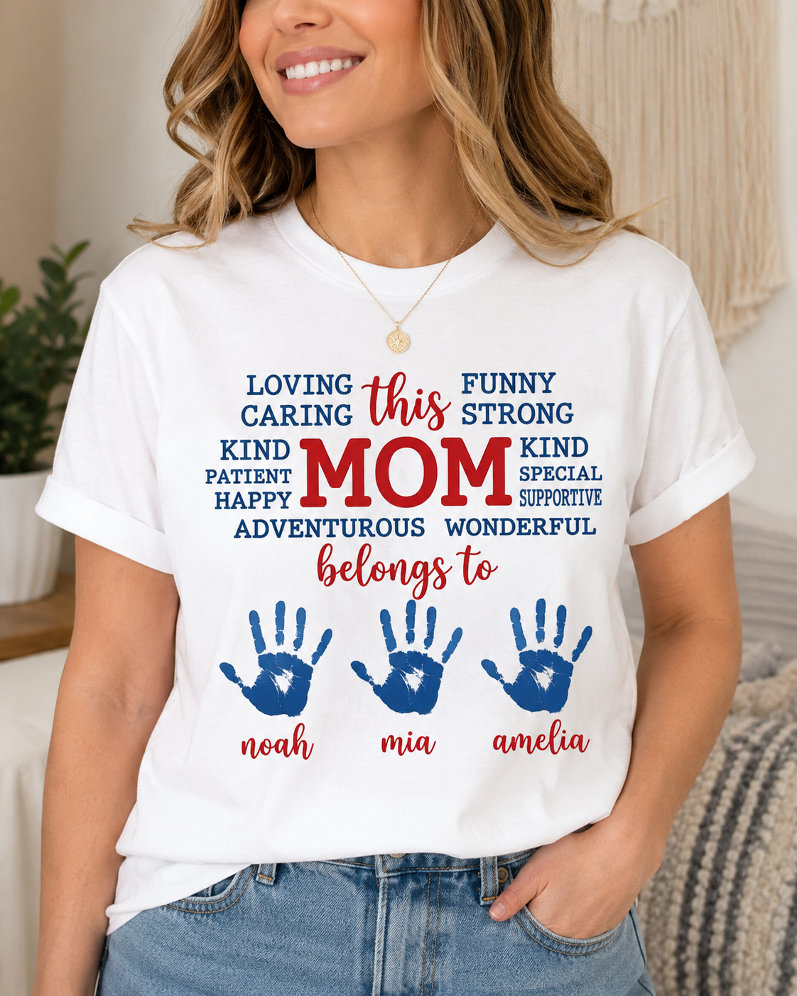 Personalized This Mom Belongs To Custom Kids Handprint Names T-Shirt