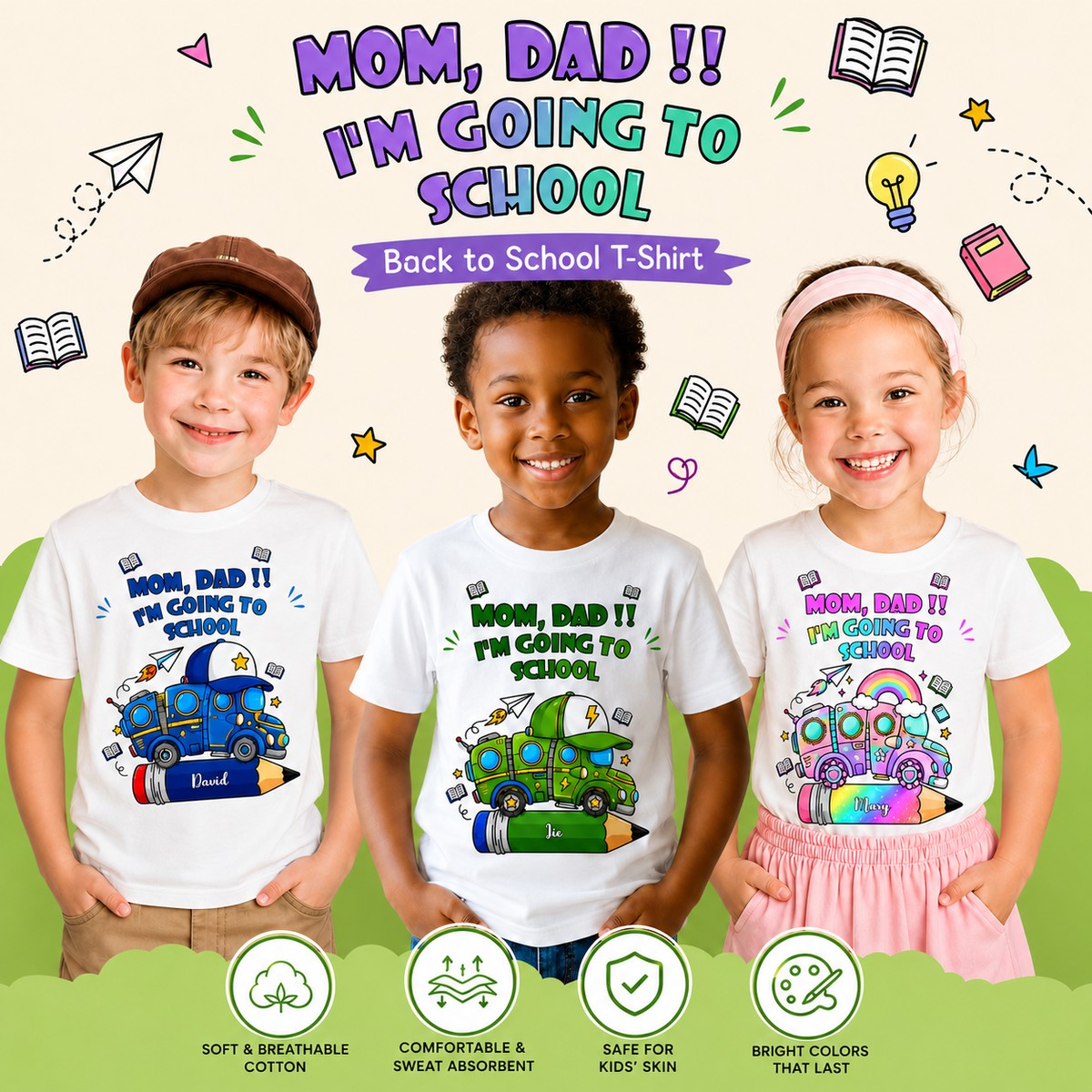 Personalized Back to School T-Shirt for Kids – Mom, Dad!! I'm Going to School Custom Name Tee