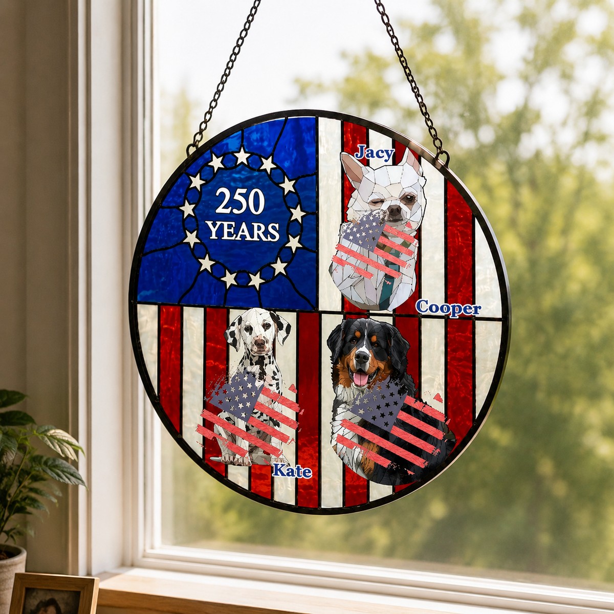 Custom 250 Years USA Patriotic Dog Face Suncatcher