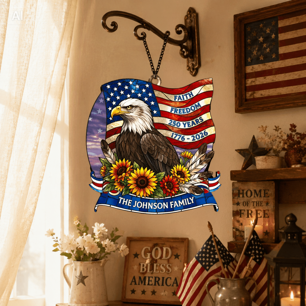 Personalized 1776-2026 Eagle Faith Freedom Family Name Stained Glass Suncatcher