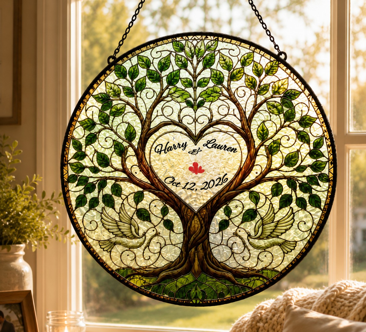 Custom Stained Glass Wedding Tree Suncatcher Gift For Couple