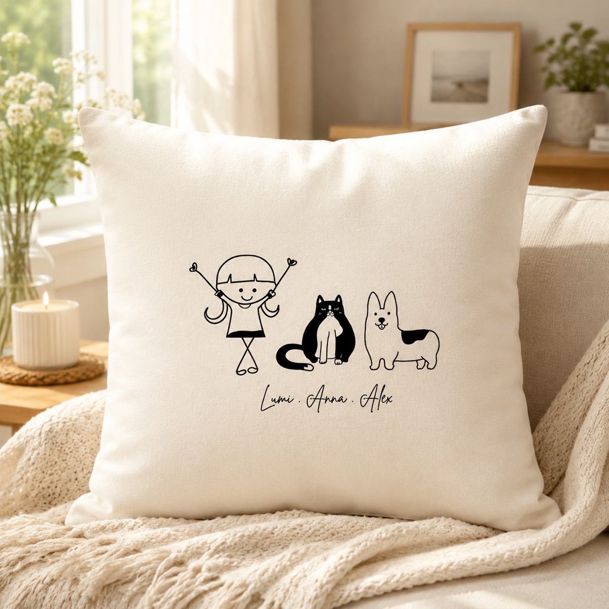 Personalized Family Doodle Pet Illustration Pillow