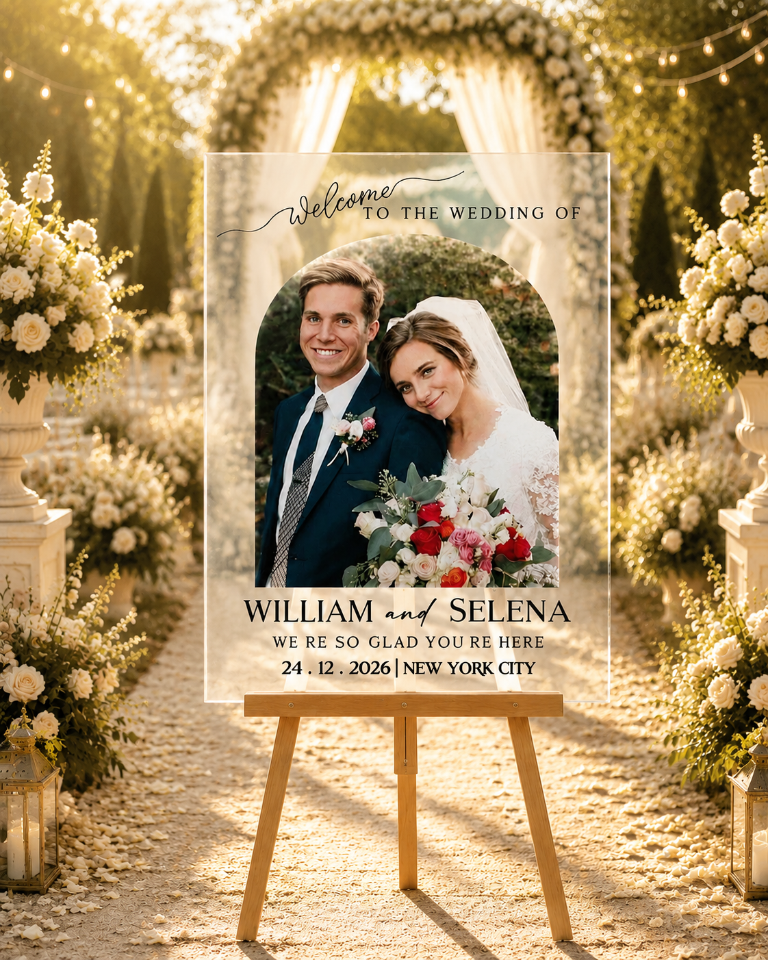 Minimalist Arch Wedding Welcome Sign with Photo, Boho Custom Picture Wedding Entrance Board