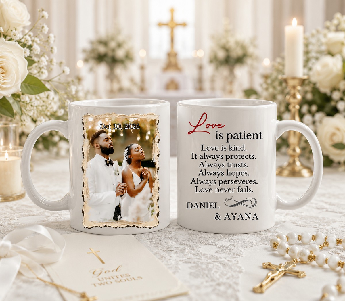 1 Corinthians 13:4 Set of 2 Mugs | Custom Wedding Couple Photo Gift