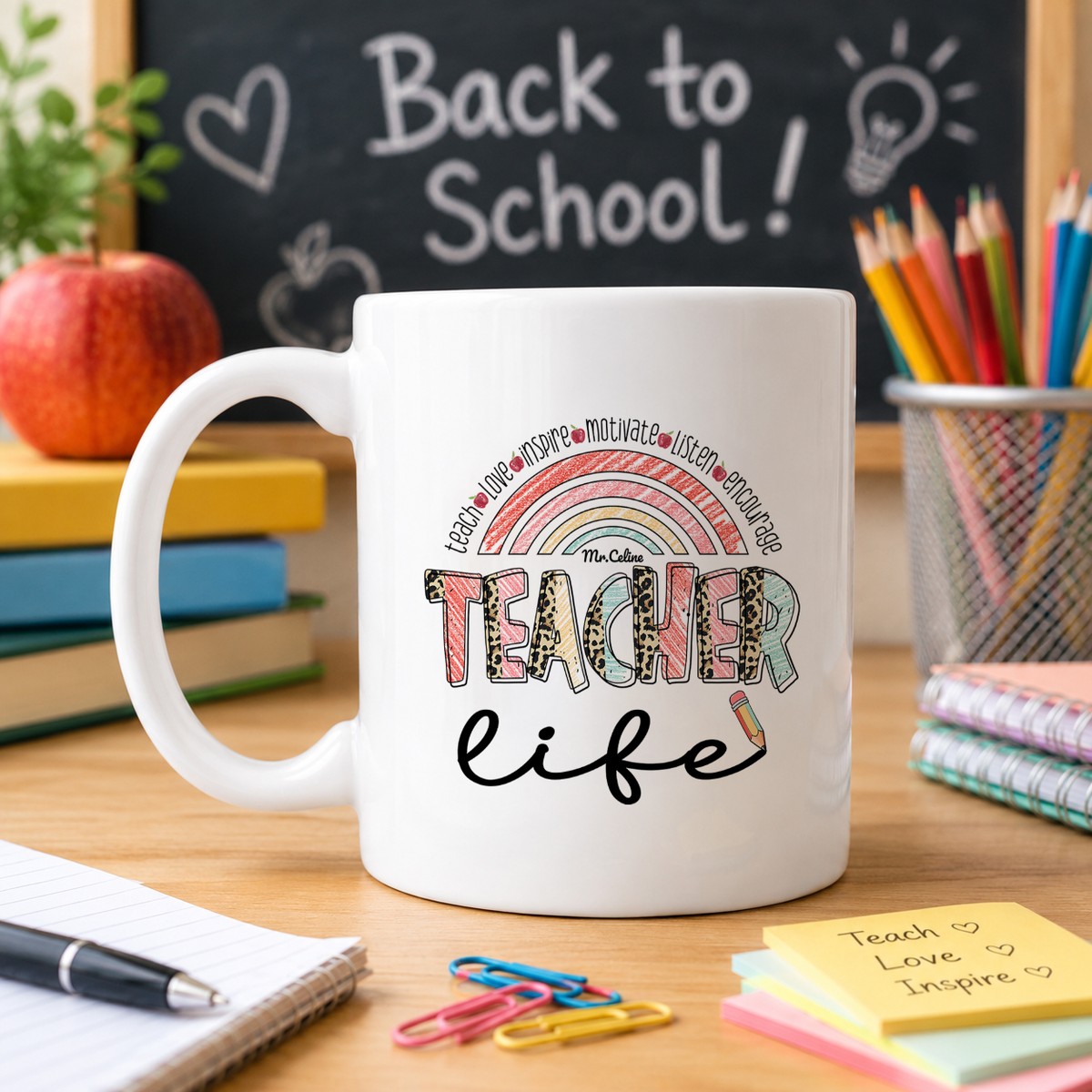 Personalized Teacher Life Mug – Custom Teacher Name Coffee Mug, Rainbow Teacher Gift, Back to School Ceramic Mug, Preschool Kindergarten Elementary Teacher Appreciation Gift