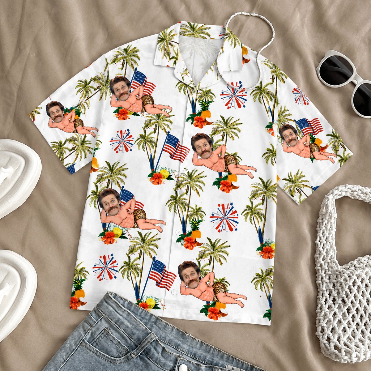 Custom Face Hawaiian Shirt, Funny USA Flag Tropical Vacation Button-Down, Personalized Holiday Gift