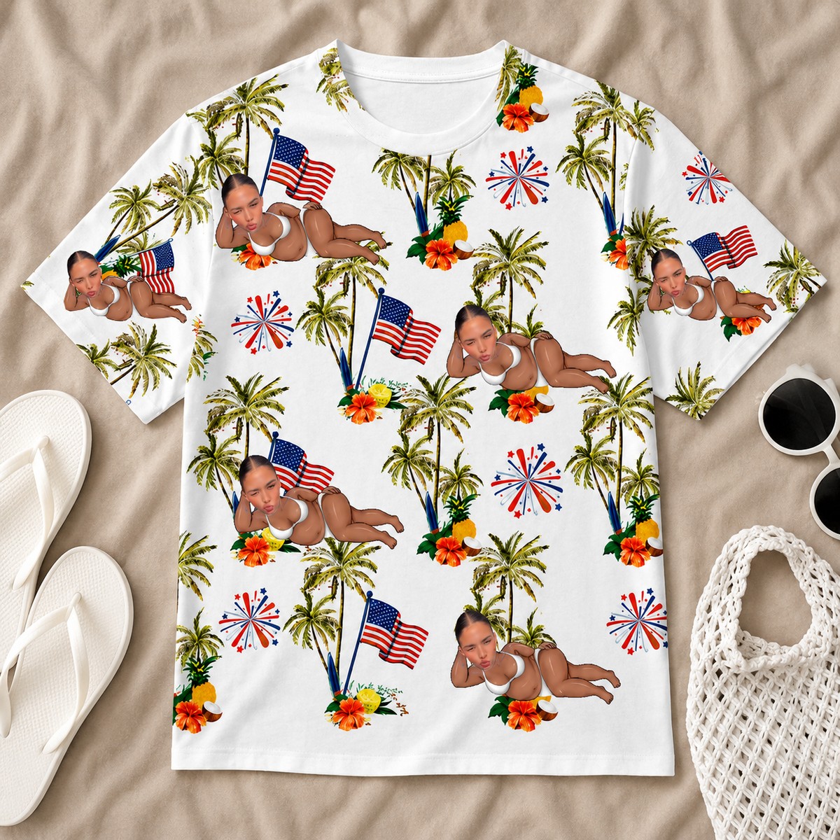 Custom Face T-Shirt, Funny USA Flag Tropical Vacation Graphic Tee, Personalized Holiday Gift