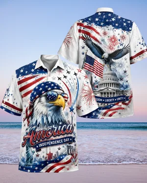 America Flag Hawaiian Shirt Patriotic Eagle Fourth of July Apparel