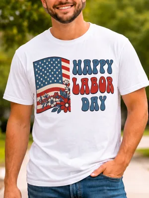 Happy Labor Day American Flag Floral T-Shirt – Patriotic Retro Labor Day Graphic Tee