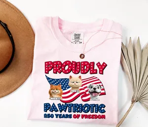 Proudly Patriotic 250 Years of Freedom Shirt, Personalized Cat & Dog Independence Day Tee, Custom Pet Names USA Flag T-Shirt, Fourth of July Gift