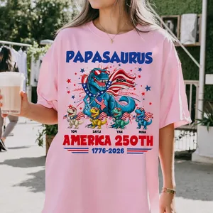 Personalized Dinosaur Family America 250th Anniversary Shirt – Patriotic T-Rex Family Custom Names, USA Independence Day 1776-2026, Fourth of July Matching Family Tee