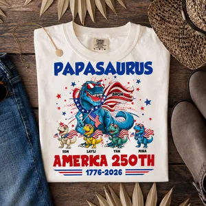 Personalized Dinosaur Family America 250th Anniversary Shirt – Patriotic T-Rex Family Custom Names, USA Independence Day 1776-2026, Fourth of July Matching Family Tee