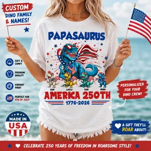 Personalized Dinosaur Family America 250th Anniversary Shirt – Patriotic T-Rex Family Custom Names, USA Independence Day 1776-2026, Fourth of July Matching Family Tee