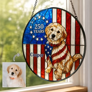 Personalized Patriotic Golden Retriever Stained Glass Window Hanging - Custom Dog Photo & Name Suncatcher