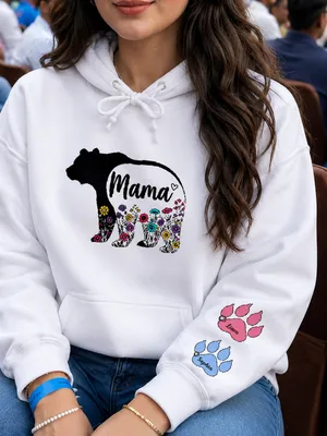 Mama Bear Hoodie, Personalized Mom Gift with Kids Names, Floral Bear Hoodie for Mother, Mother's Birthday Gift Hoodie
