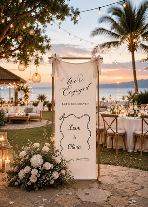 Personalized Cotton Linen Engagement Tapestry – Custom We’re Engaged Celebration Sign with Elegant Script, Wavy Frame and Couple Names