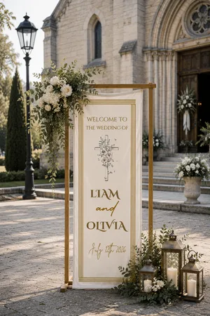 Personalized Cotton Linen Wedding Tapestry – Custom Welcome Sign with Elegant Gold Frame, Botanical Line Art and Couple Names