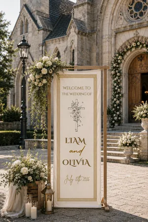 Personalized Cotton Linen Wedding Tapestry – Custom Welcome Sign with Elegant Gold Frame, Botanical Line Art and Couple Names