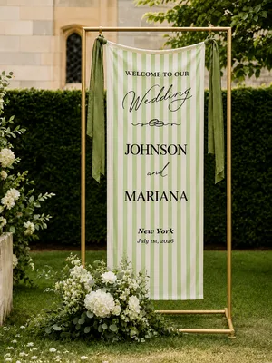 Personalized Cotton Linen Wedding Tapestry – Custom Welcome to Our Wedding Sign with Couple Names, Elegant Script Ceremony Backdrop
