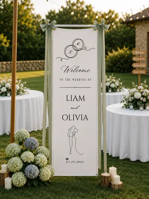 Personalized Cotton Linen Wedding Tapestry – Custom Welcome Sign with Wedding Rings, Couple Line Art and Elegant Calligraphy
