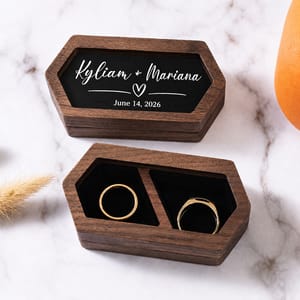 Personalized Wooden Wedding Ring Box – Custom Couple Names and Date Keepsake with Heart Accent