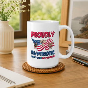 Personalized Proudly Pawtriotic Mug – Custom Dog & Cat Name Coffee Mug, 250 Years of Freedom Patriotic Gift, 4th of July Pet Lover Ceramic Mug