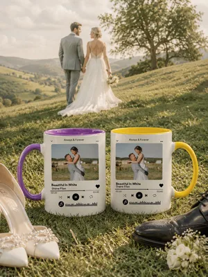 Set Of 2 Personalized Photo Music Plaque Mugs For Wedding Songs
