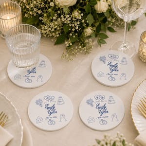 Love in Every Detail – Personalized Wedding Coaster with Couple Names & Wedding Icons