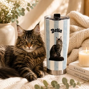 Custom Uploaded Pet Photo Tumbler Personalized Dog Cat Portrait with Name Striped Travel Cup