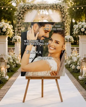 Personalized Wedding Welcome Board With Photo, Custom Picture Wedding Entrance Signage, Modern Outlined Text Wedding Poster Board, Couple Photo Sign