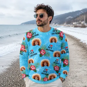 Custom Face Sweatshirt I Love My Wife Personalized Photo Blue Tropical Pullover
