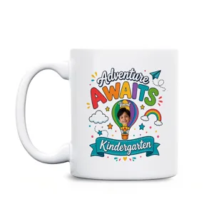 Personalized Adventure Awaits Kindergarten Mug – Custom Photo & Name Back to School Gift for Kids