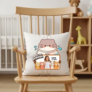Personalized Back to School Cat Photo Pillow | Custom Kids School Memory Throw Pillow Gift
