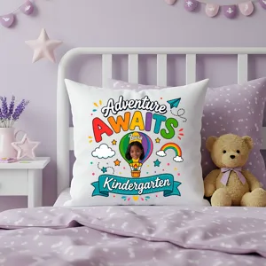 Personalized Adventure Awaits Kindergarten Photo Pillow – Custom Back to School Cushion Gift for Kids