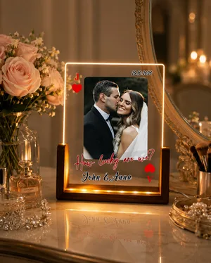 Personalized Playing Card Photo Night Light, "How Lucky Are We" Custom Wedding LED Lamp, Red Black Jack Ace Couples Anniversary Acrylic Plaque Gift