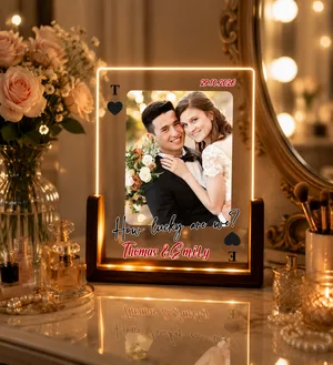 Personalized Playing Card Photo Night Light, "How Lucky Are We" Custom Wedding LED Lamp, Red Black Jack Ace Couples Anniversary Acrylic Plaque Gift