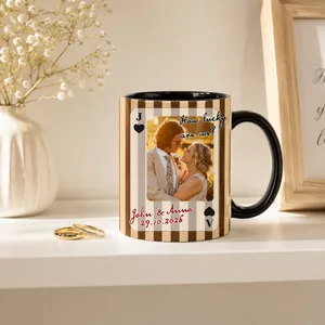 Personalized Playing Card Wedding Photo Mug, "How Lucky Are We" Custom Striped Coffee Cup for Couple, Black Accent Mr and Mrs Anniversary Gift