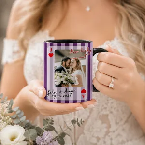 Personalized Playing Card Wedding Photo Mug, "How Lucky Are We" Custom Striped Coffee Cup for Couple, Black Accent Mr and Mrs Anniversary Gift