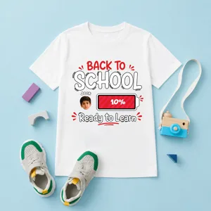 Personalized Back to School Battery Level Kids T-Shirt – Custom Photo & Name, Ready to Learn School Shirt for Boys & Girls