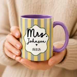Personalized Mr Mrs Brown Striped Mug, Custom Wedding Coffee Cup with Retro Wavy Frame, Black Accent Newly Engaged Gift for Bride Groom