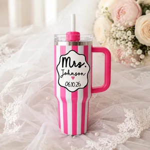 Retro Striped Custom Mr and Mrs 40oz Tumbler, Personalized Wavy Badge Wedding Travel Mug with Handle, Black Accent Couples Engagement Anniversary Gift