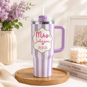 Retro Striped Custom Mr and Mrs 40oz Tumbler, Personalized Wavy Badge Wedding Travel Mug with Handle, Black Accent Couples Engagement Anniversary Gift